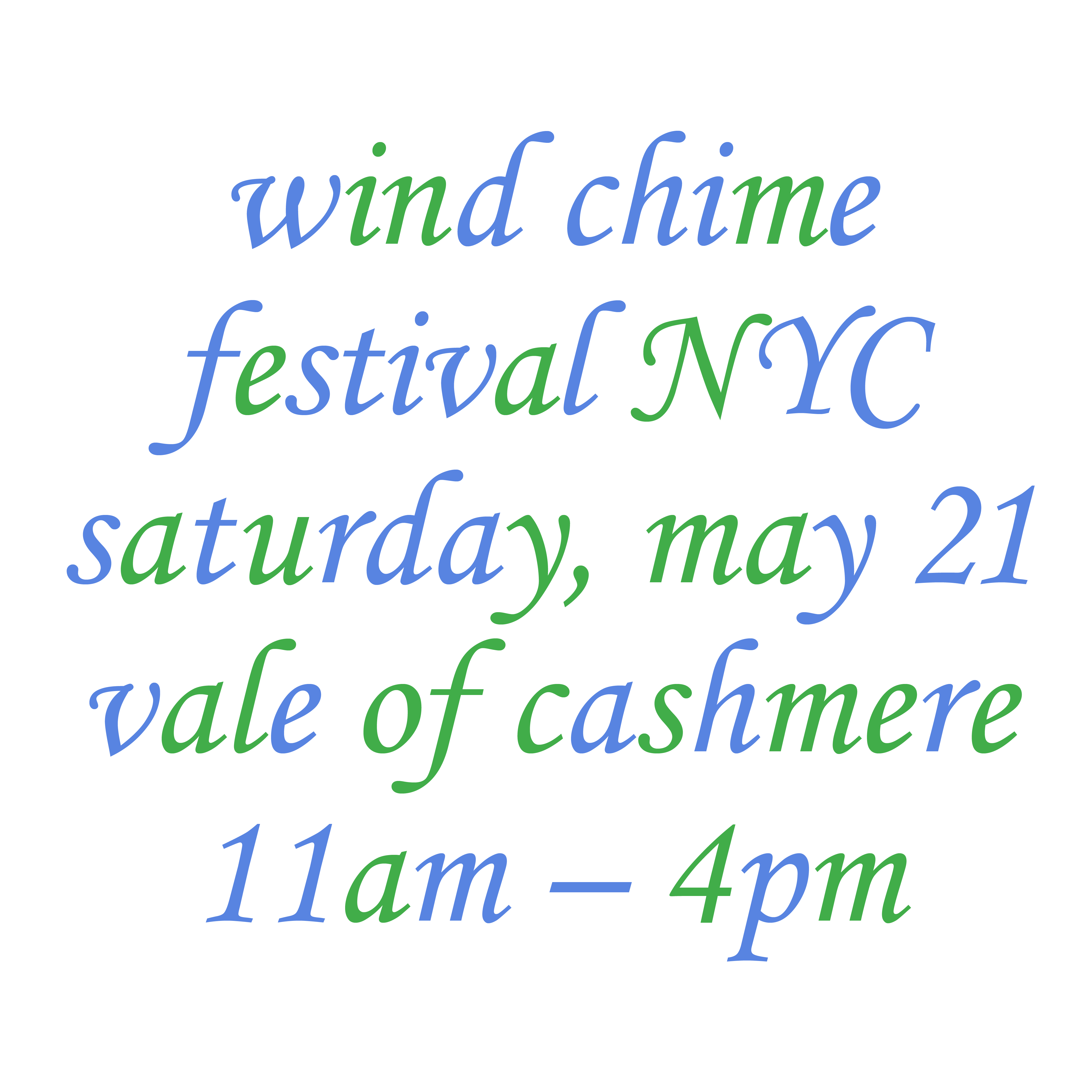 wind chime festival NYC, saturday, may 21, vale of cashmere, 11am – 4pm